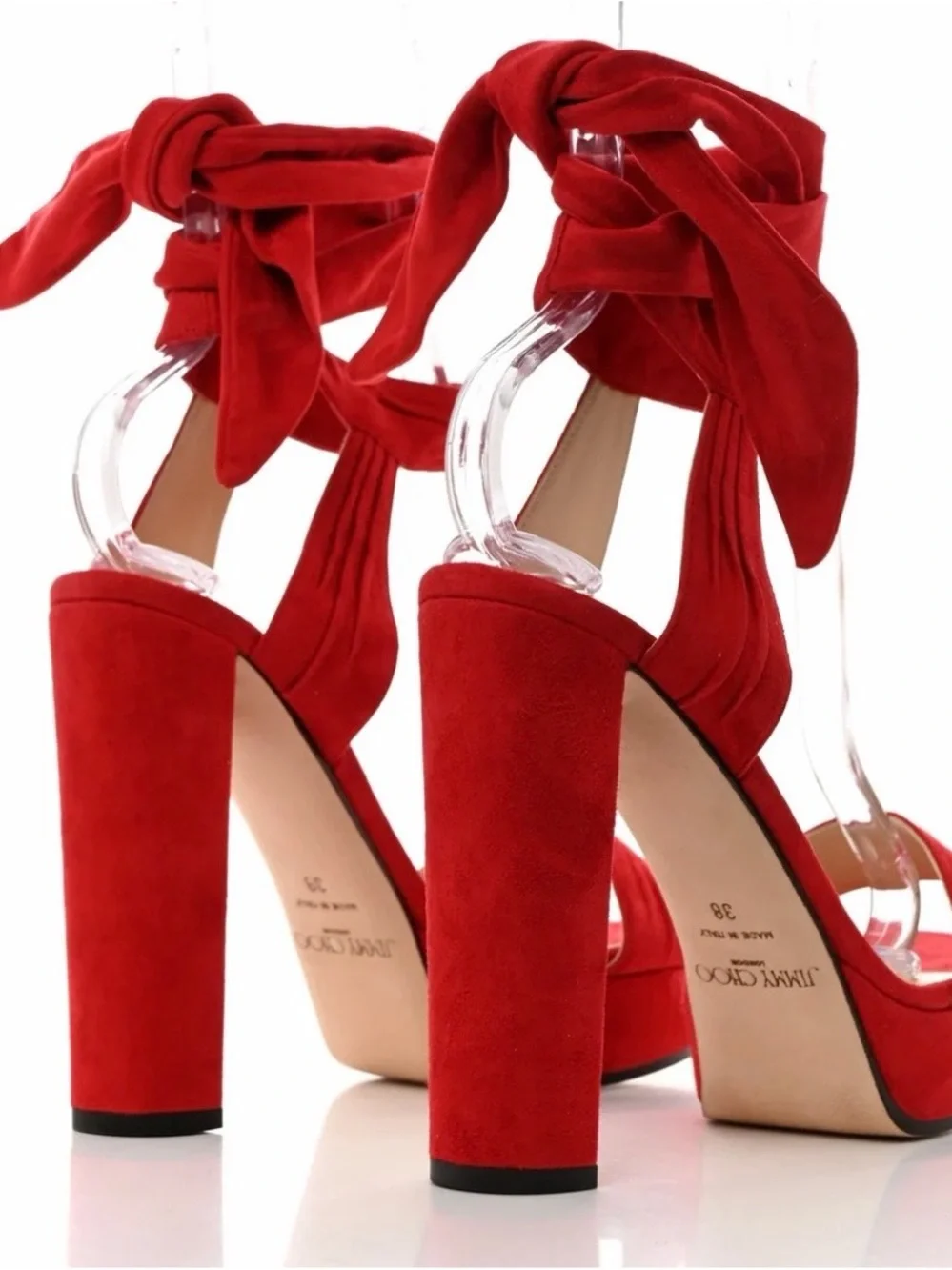 Jimmy Choo Red Soft Suede Kaytrin 120,5 inch Platform Block Heels with Ankle Bow